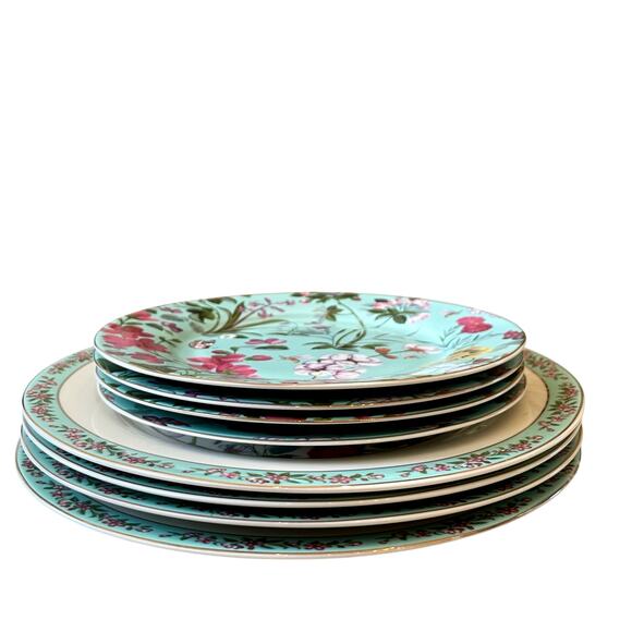 Grace Teaware Fine Porcelain 9in Salad Plates Aqua Blue Floral Set of 4 New - Picture 11 of 15